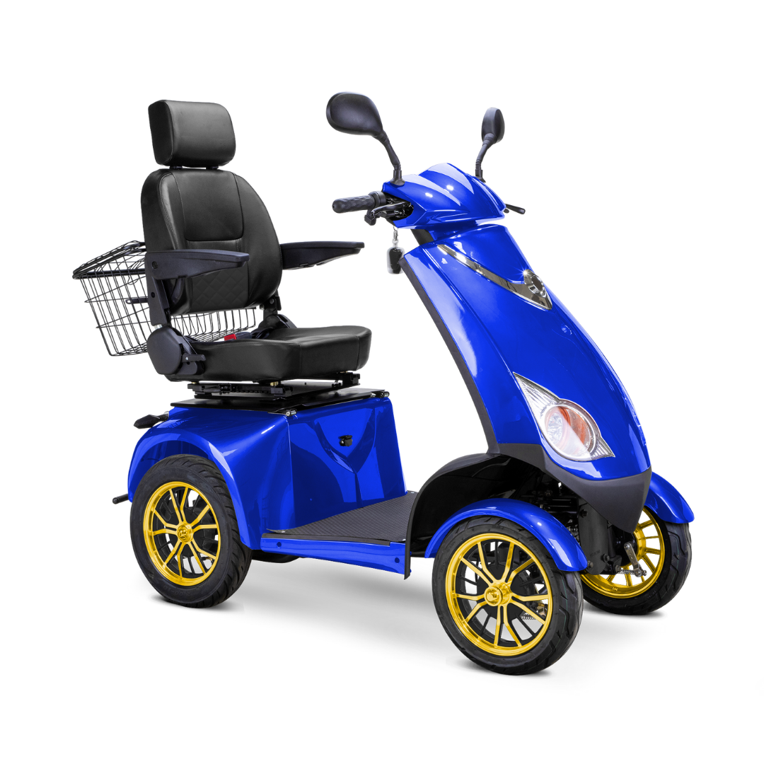 The Bespoke Platinum Recreational 4-Wheel Scooter features a blue frame, black cushioned seat with armrests and headrest, rear wire basket, gold-trimmed rims, and smart technology plus electric brake assist for convenience.